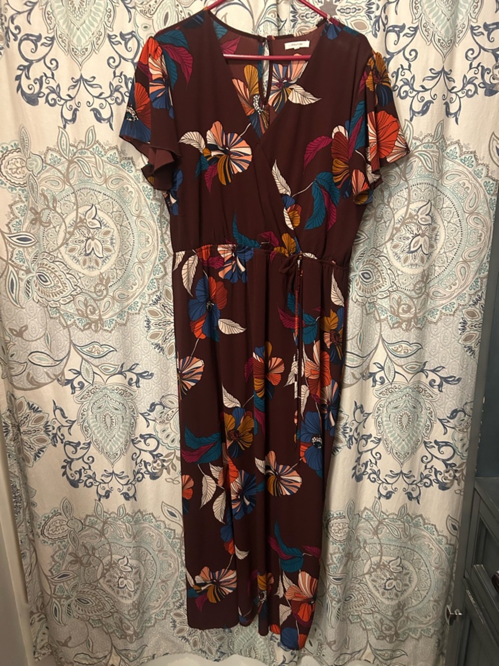 Maurices Maroon Floral Maxi Dress with Blue, Orange, Yellow & Pink Accents